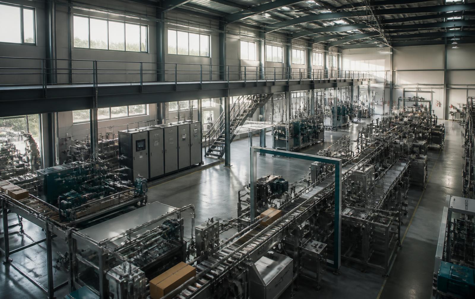 Elevated view of a modern production floor with process lines, conveyors and electrical cabinets