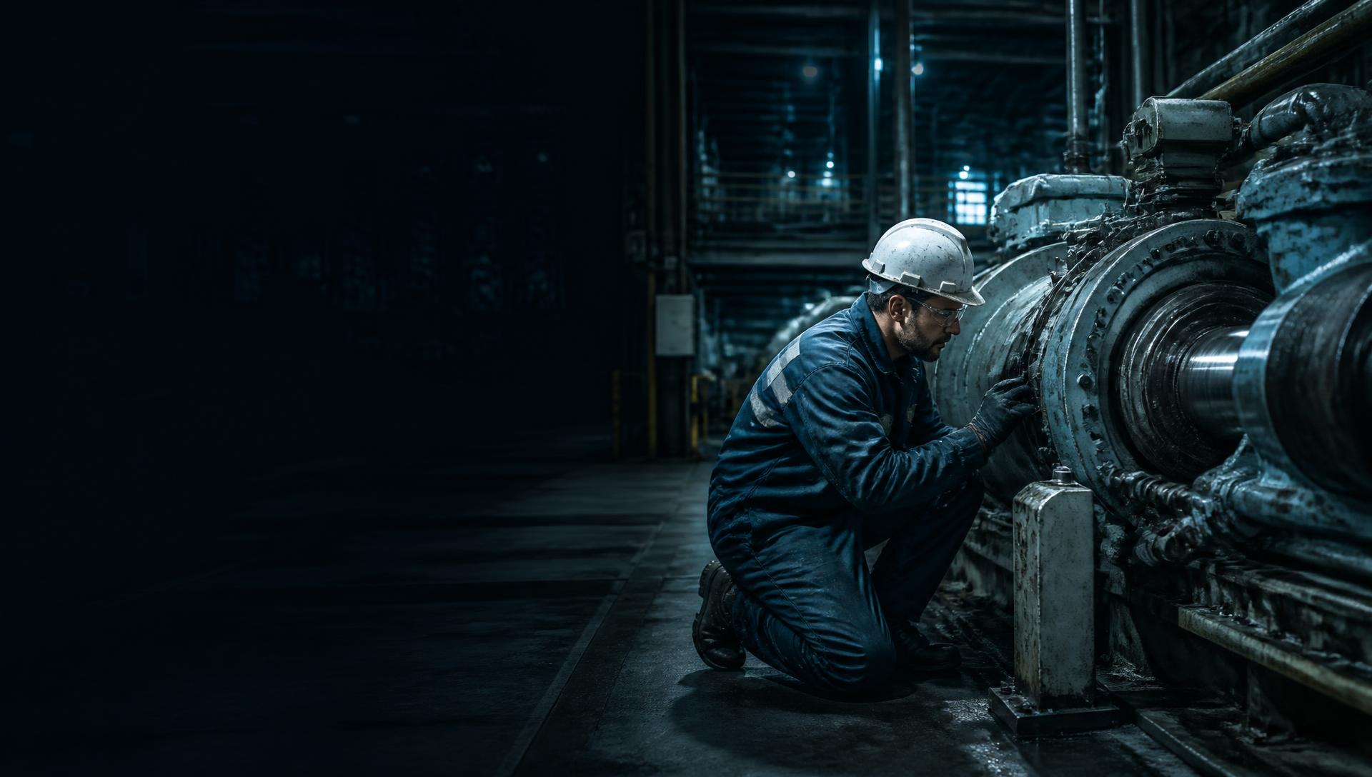 Maintenance engineer inspecting a large rotating machine on a factory floor
